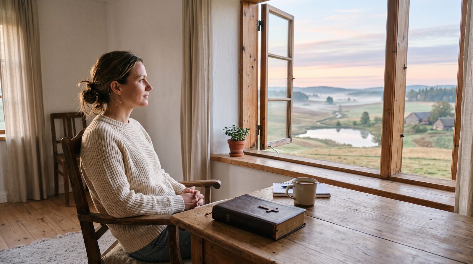 Persona sentada en silencio junto a una ventana al amanecer, con una Biblia sobre una mesa