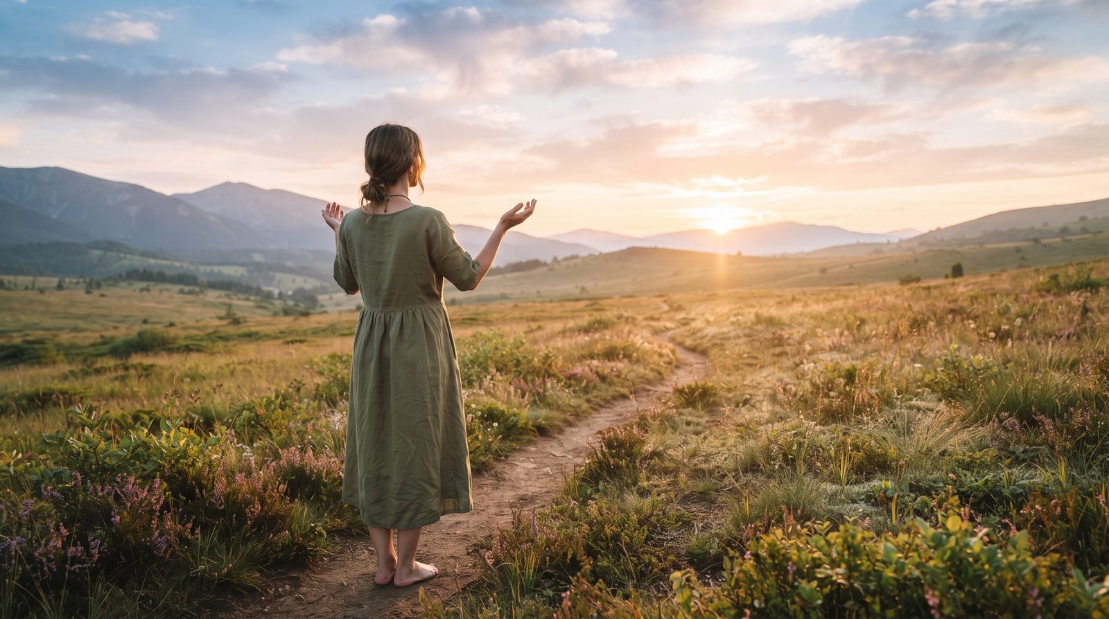 Persona de pie al amanecer con las manos elevadas en actitud de alabanza y esperanza