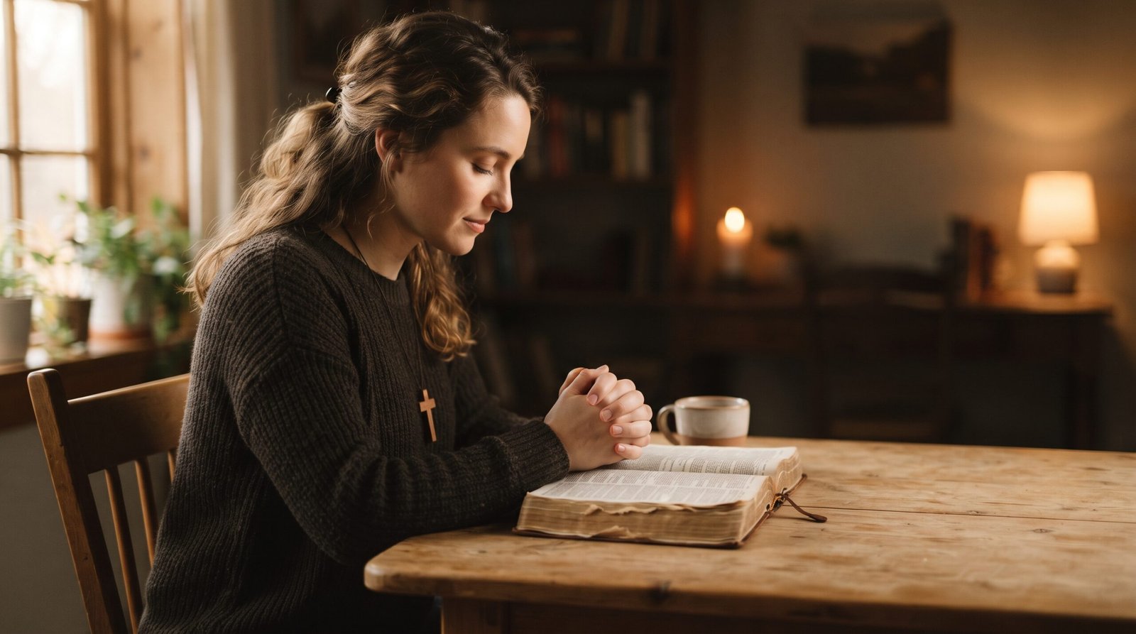 Persona sentada en oración ante una mesa con una Biblia abierta iluminada por una luz cálida