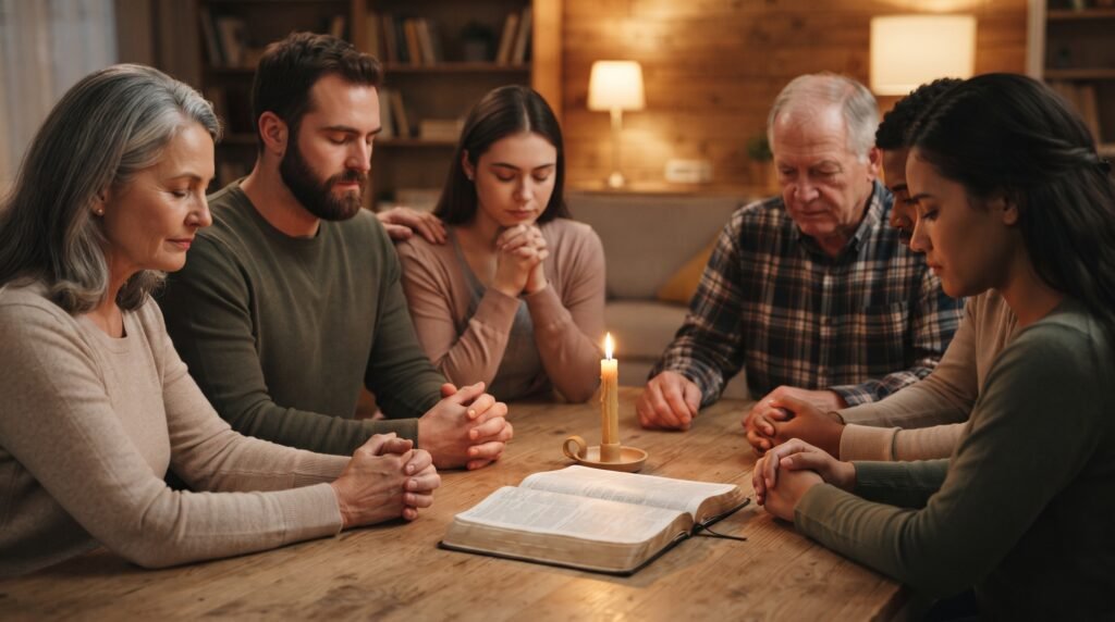 Varias personas reunidas en oración alrededor de una mesa con una Biblia abierta y una vela