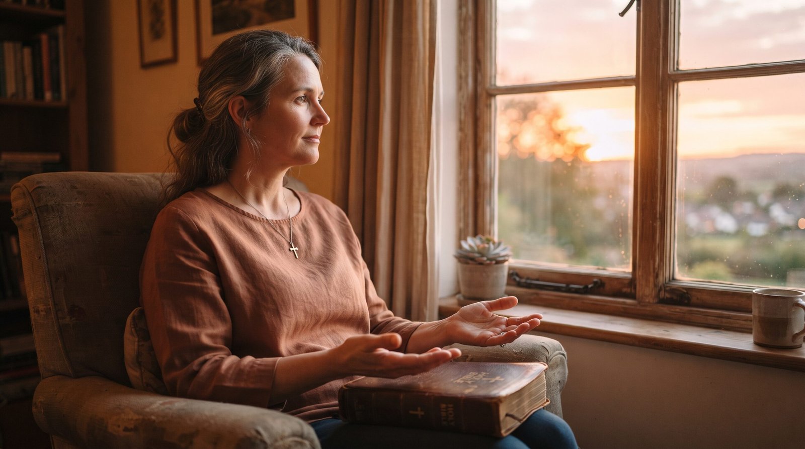 Persona sentada junto a una ventana con las manos abiertas sobre una Biblia, en actitud de sanación y entrega