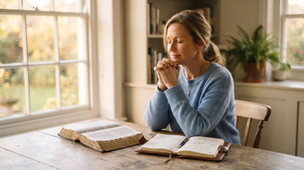 Persona reflexionando ante una mesa con una Biblia abierta y una libreta, en actitud de oración y discernimiento
