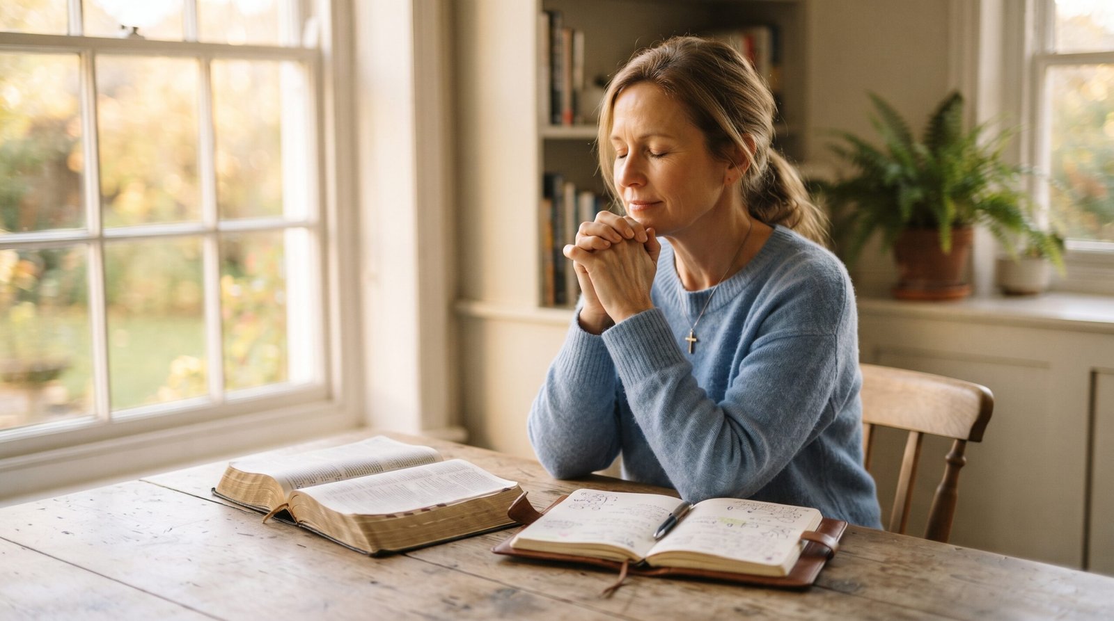 Persona reflexionando ante una mesa con una Biblia abierta y una libreta, en actitud de oración y discernimiento
