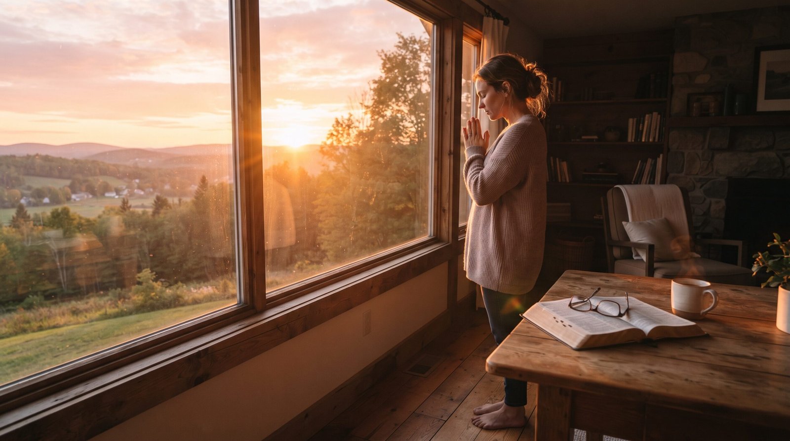 Persona orando junto a una ventana al amanecer, con una Biblia abierta y una luz dorada entrando en la habitación