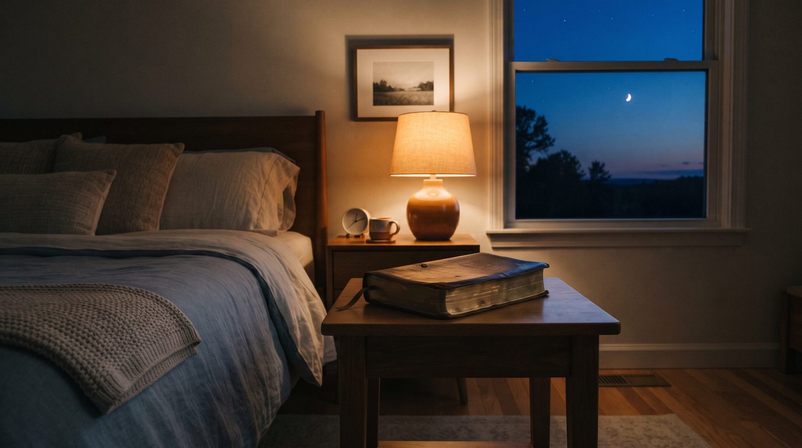Dormitorio tranquilo al anochecer con una Biblia sobre la mesilla y una luz cálida, símbolo de descanso en Dios