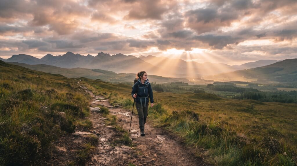 Persona caminando por un sendero al amanecer mientras la luz atraviesa las nubes, símbolo de perseverancia y esperanza
