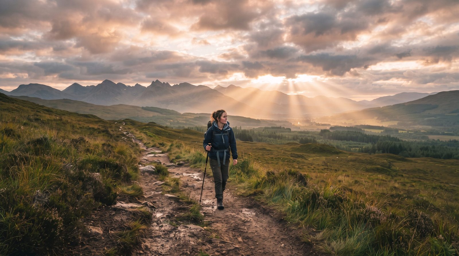 Persona caminando por un sendero al amanecer mientras la luz atraviesa las nubes, símbolo de perseverancia y esperanza