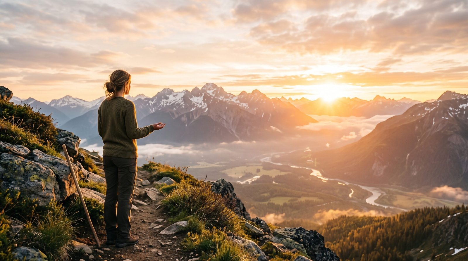 Persona contemplando un amanecer con las manos abiertas en actitud de agradecimiento y adoración