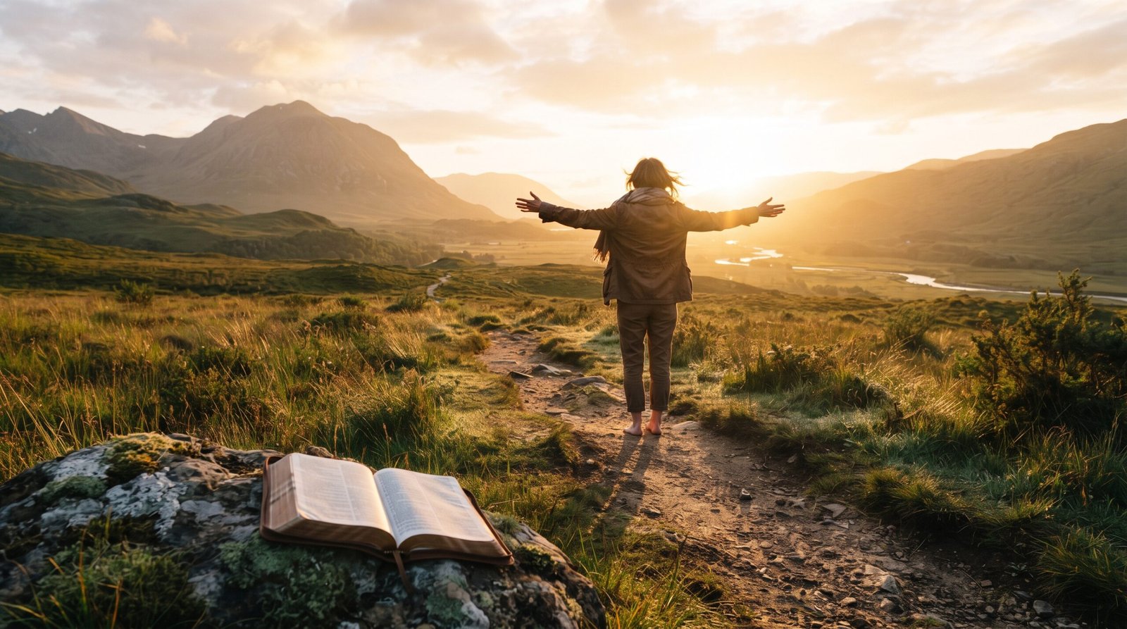 Persona con las manos extendidas hacia la luz del amanecer, junto a una Biblia abierta, en actitud de entrega a Dios