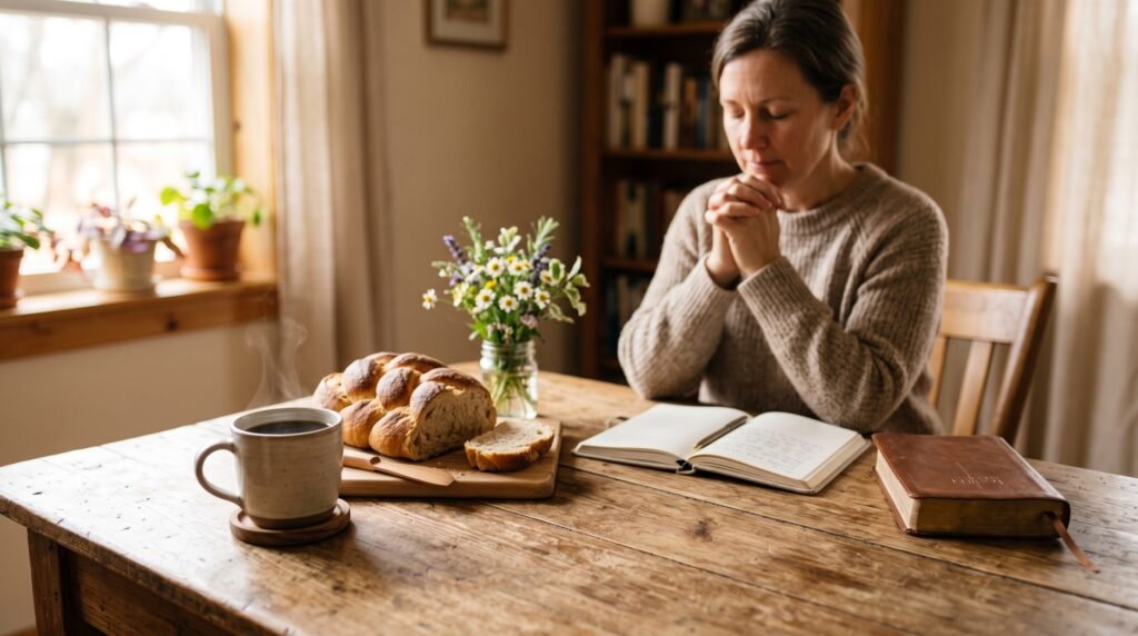 Mesa sencilla con pan, flores, una libreta y una Biblia durante un momento de oración agradecida