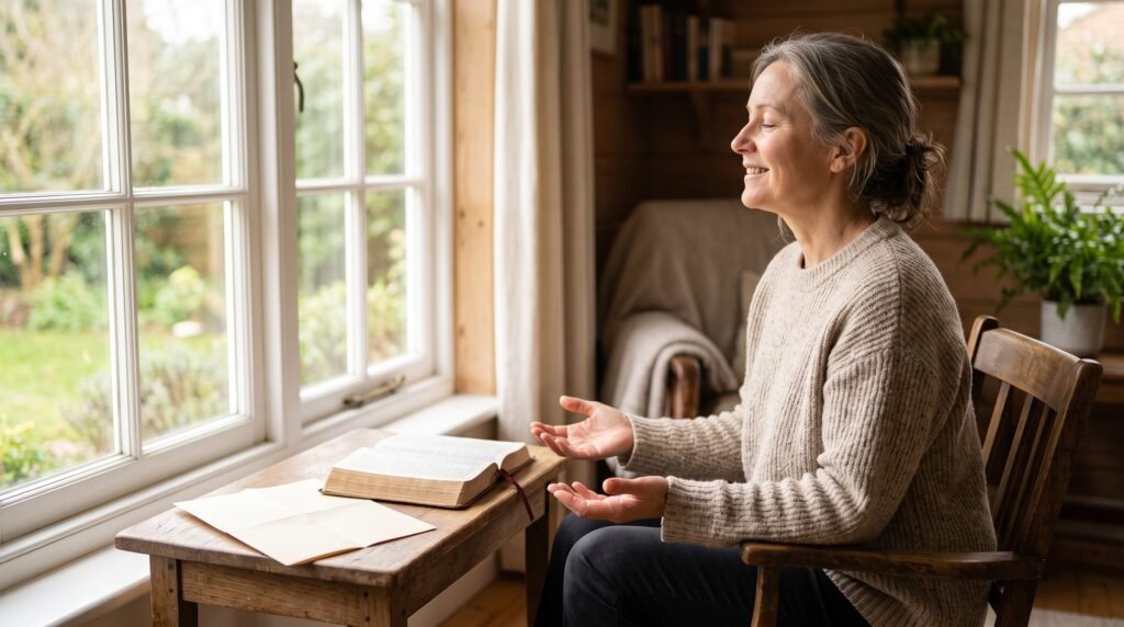 Persona con las manos abiertas en oración junto a una ventana, con una Biblia y una hoja sobre la mesa
