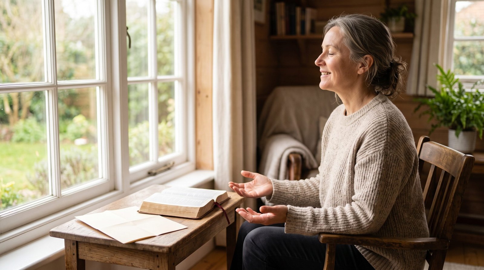 Persona con las manos abiertas en oración junto a una ventana, con una Biblia y una hoja sobre la mesa