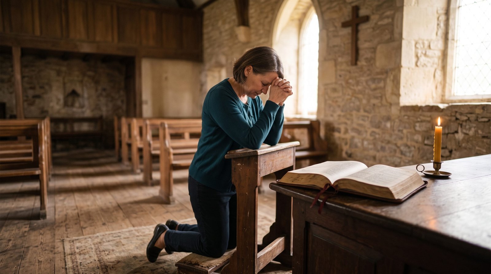 Persona orando humildemente en una iglesia iluminada, junto a una Biblia y una vela encendida