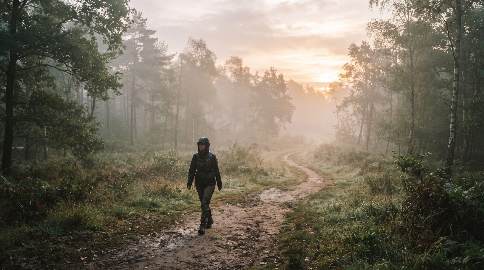 Persona caminando por un sendero al amanecer mientras la niebla se disipa, símbolo de confianza ante el miedo