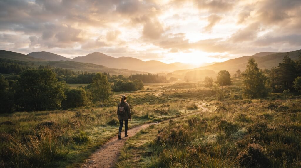 Persona caminando por un sendero iluminado al amanecer, bajo un cielo amplio y protector