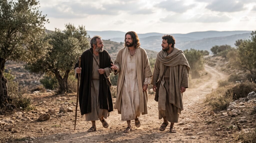 Jesús resucitado camina con los discípulos de Emaús sin que lo reconozcan, según Lucas 24