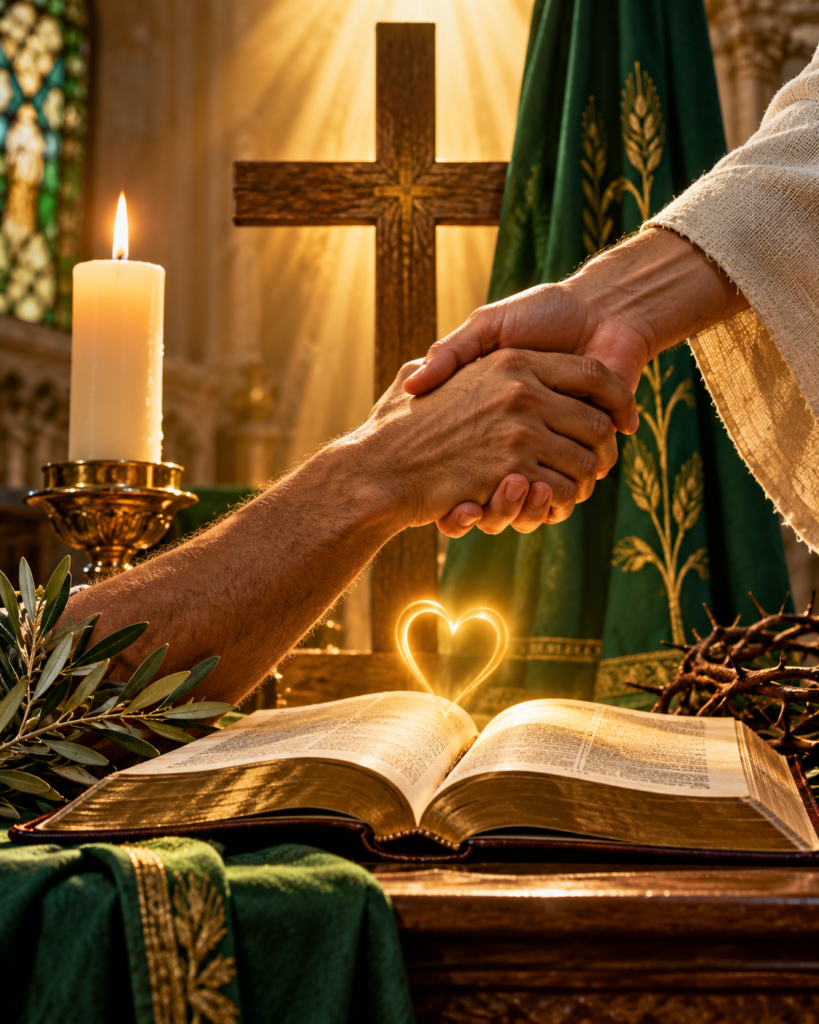 Cruz, Biblia abierta, vela, manos que se estrechan y corazón luminoso: símbolos del doble mandamiento del amor a Dios y al prójimo.