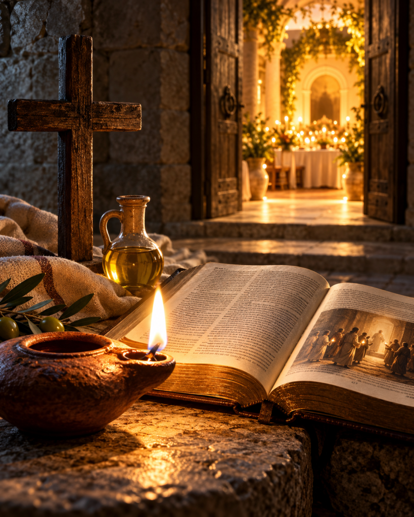 Lámpara encendida, aceite, Biblia, cruz y puerta iluminada: símbolos de vigilancia, preparación y esperanza en el Evangelio de las diez vírgenes.