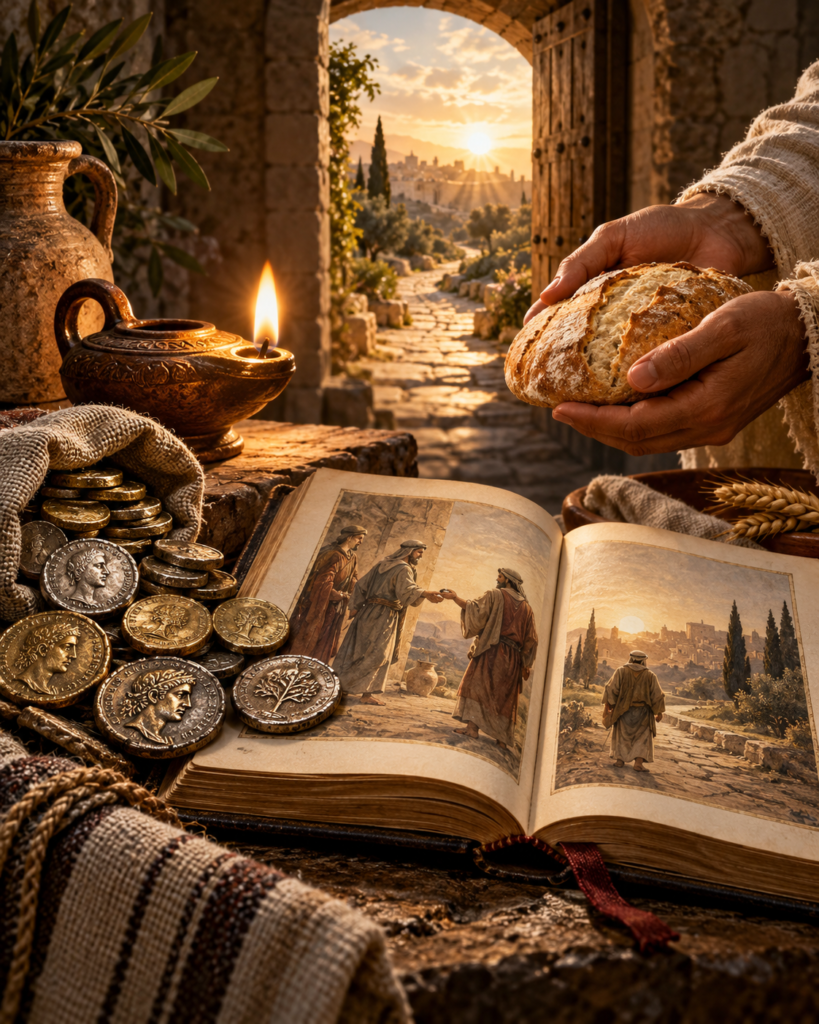 Talentos, Biblia, lámpara, pan y camino iluminado: símbolos de responsabilidad, vigilancia y caridad en el Domingo XXXIII del Tiempo Ordinario.
