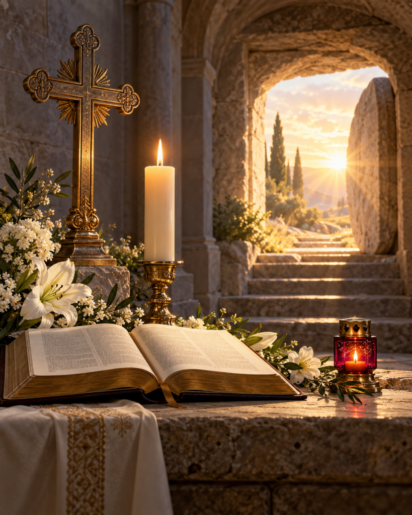 Cruz, cirio, Biblia, flores y lámpara votiva: signos cristianos de oración, memoria y esperanza en la resurrección.