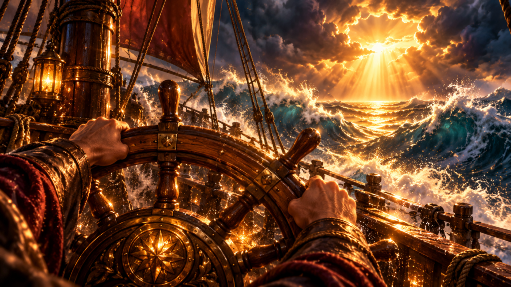 Manos firmes sobre el timón de madera de un barco que avanza hacia la luz a través de una tormenta, imagen del fruto del dominio de sí