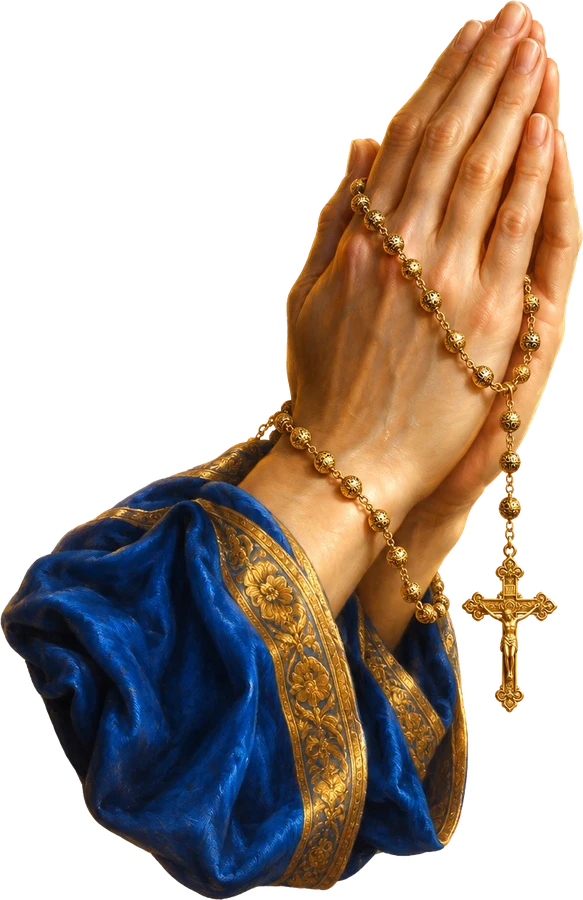 Manos juntas en oración con un rosario