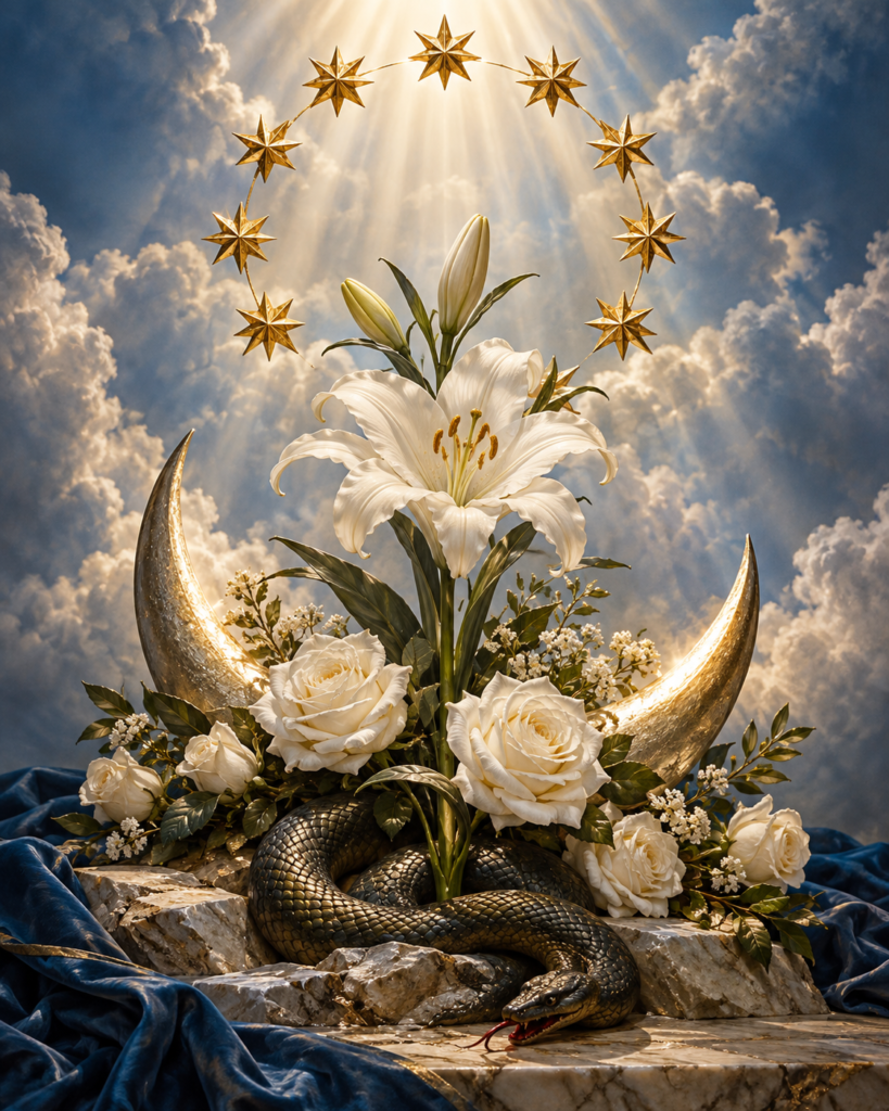 Luna creciente, corona de estrellas, lirios, rosas y serpiente vencida: símbolos tradicionales de pureza, gracia y victoria de la Inmaculada Concepción.