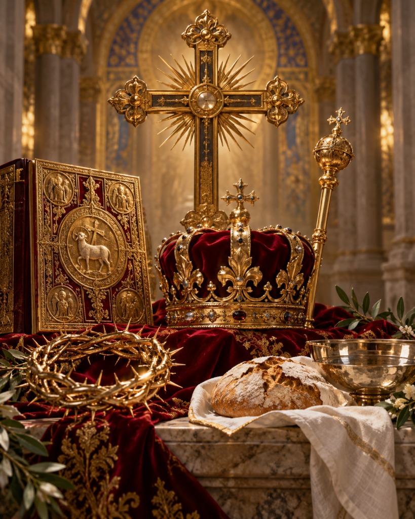 Corona, cruz, Evangelio, cetro, pan y agua: símbolos de la realeza, justicia, misericordia y servicio de Jesucristo Rey del Universo.