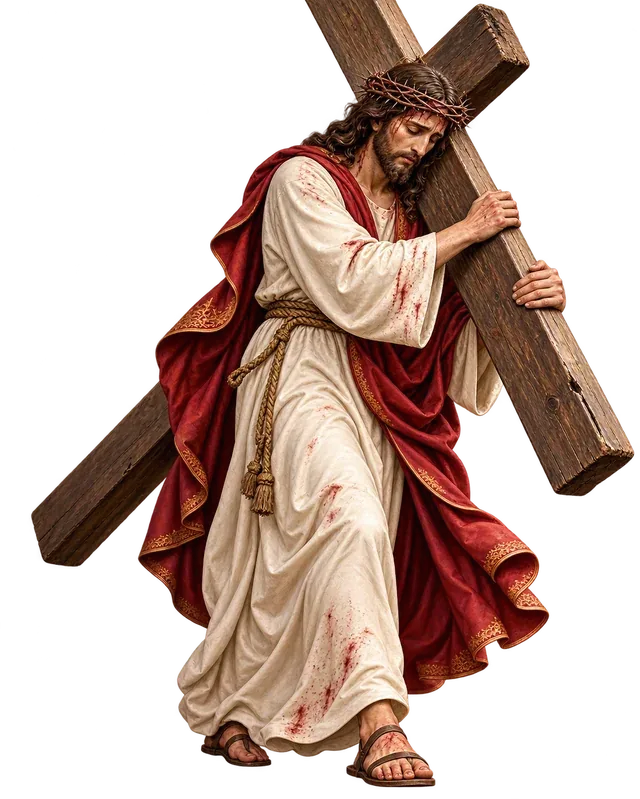 Jesús con la corona de espinas llevando la cruz a cuestas