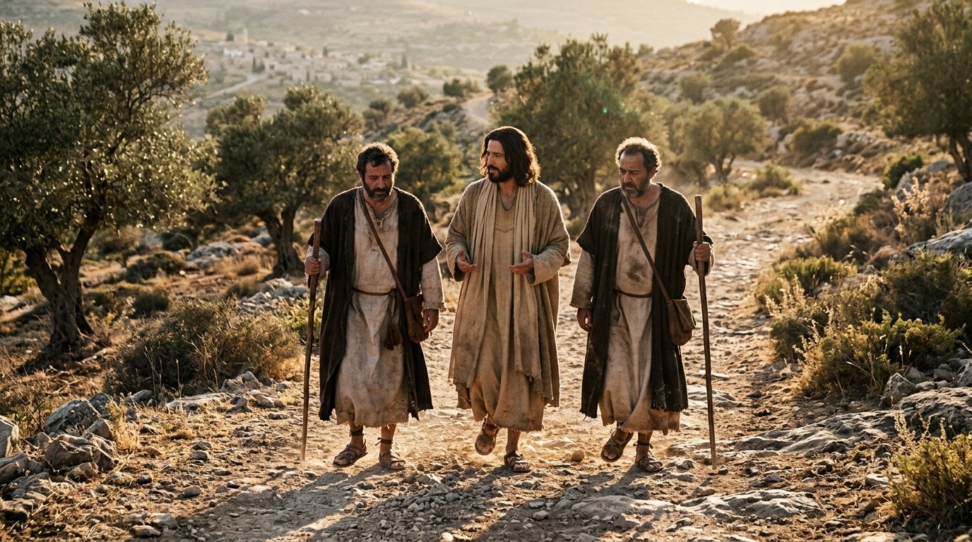 Jesús explica las Escrituras a Cleofás y al otro discípulo durante el camino de Emaús