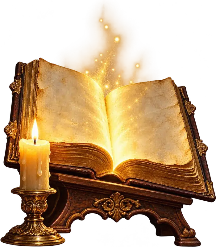 Biblia abierta iluminada junto a una vela encendida