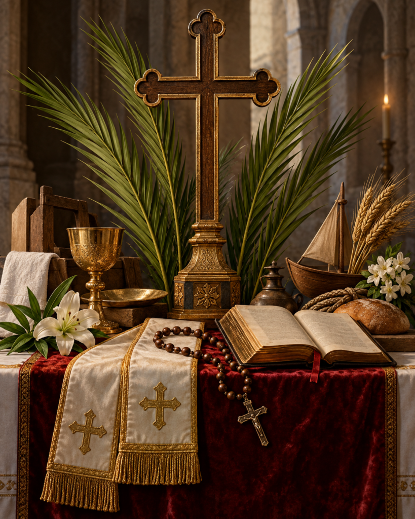 Palmas del martirio, cruz, rosario, breviario y estola: signos de fidelidad, oración y testimonio de los mártires del siglo XX en España.
