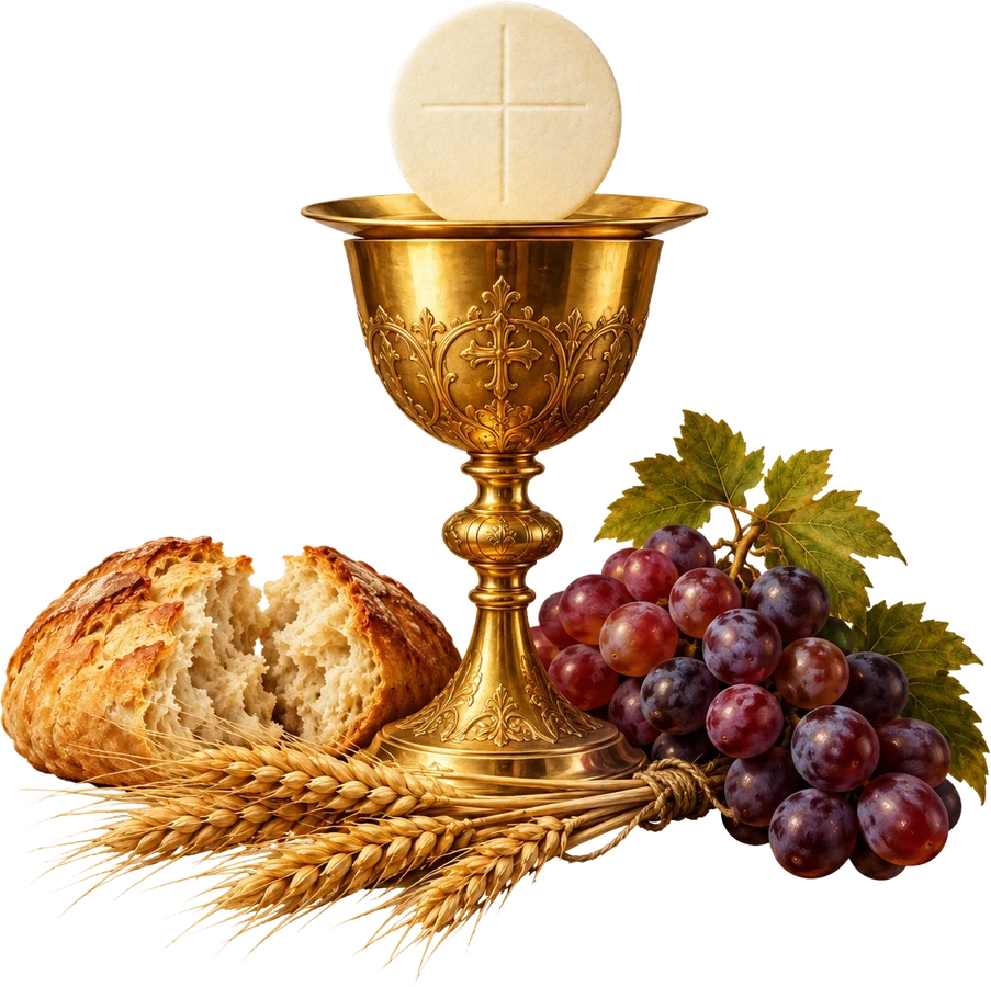Cáliz con la hostia, pan, trigo y uvas