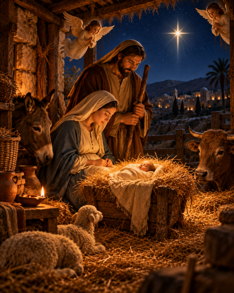 Atributos de la Natividad del Señor: pesebre, Niño Jesús, estrella, paja, lámpara, ángeles y ovejas