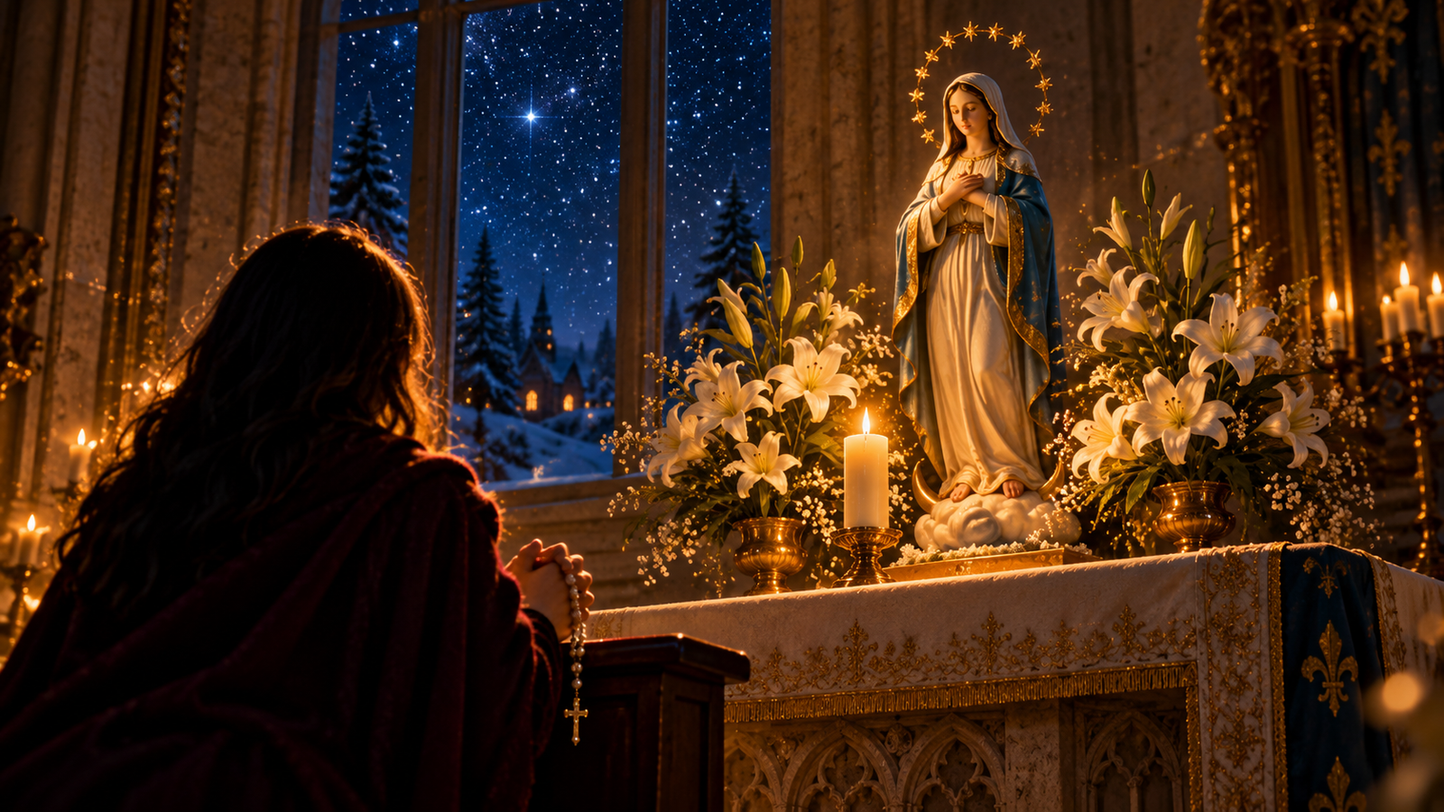 Una vela encendida y una imagen de la Inmaculada bajo un cielo de estrellas de Adviento