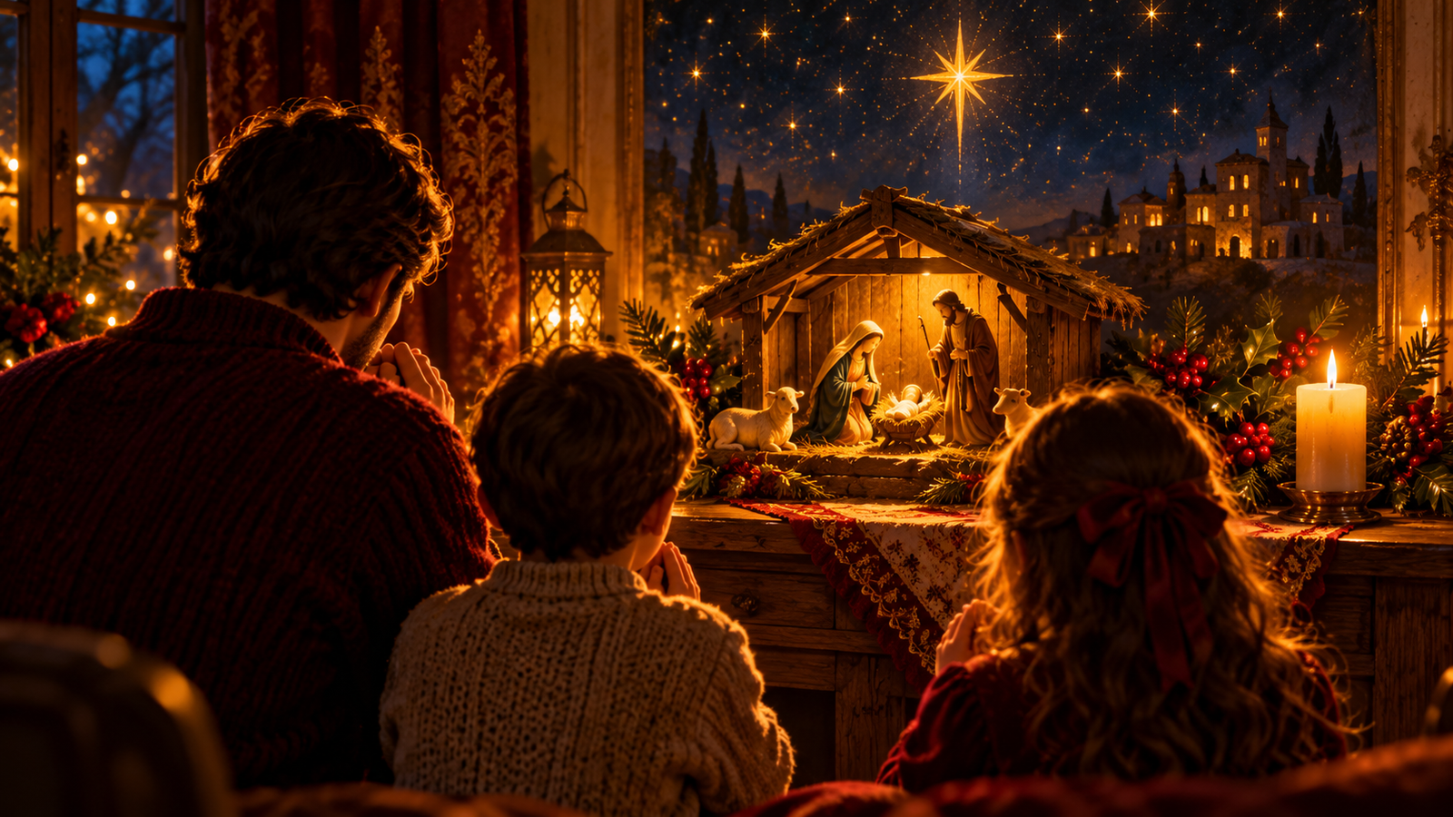Una familia de espaldas rezando ante un belén iluminado en la novena de Navidad