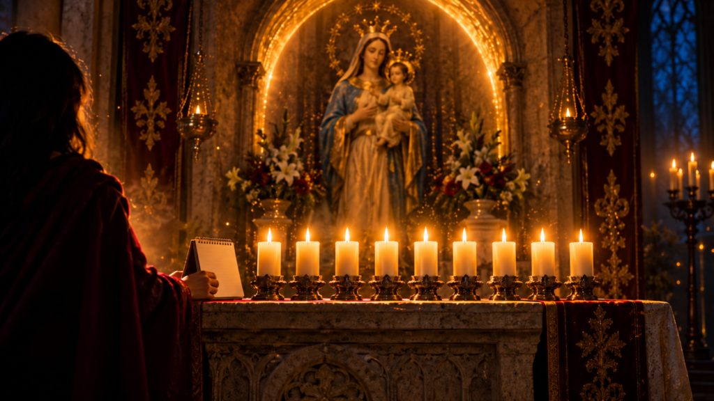 Nueve velas encendidas en fila ante un icono de la Virgen en una capilla en penumbra