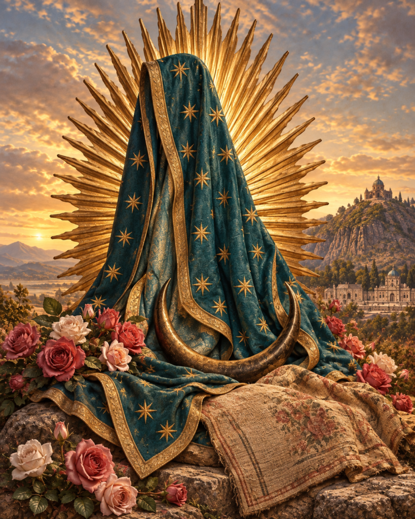 Manto estrellado, luna, resplandor, rosas y tilma: símbolos de maternidad, evangelización y esperanza de Nuestra Señora de Guadalupe.