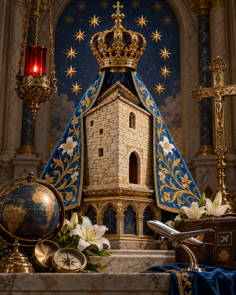 Santa Casa, corona, estrellas, lámpara y símbolos de viaje: signos de Encarnación, hogar, peregrinación y protección de Nuestra Señora de Loreto.