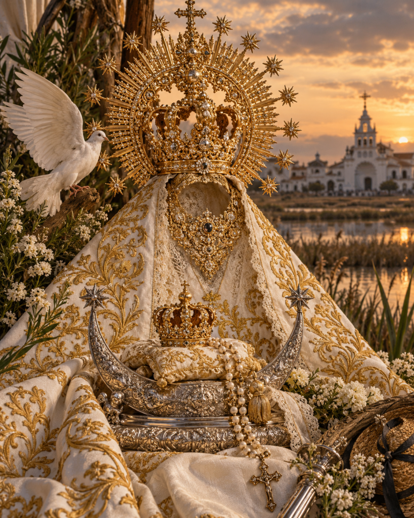 Corona, manto bordado, rosario, paloma y referencias a la ermita y las marismas: símbolos de la realeza de María, Pentecostés y la devoción rociera.
