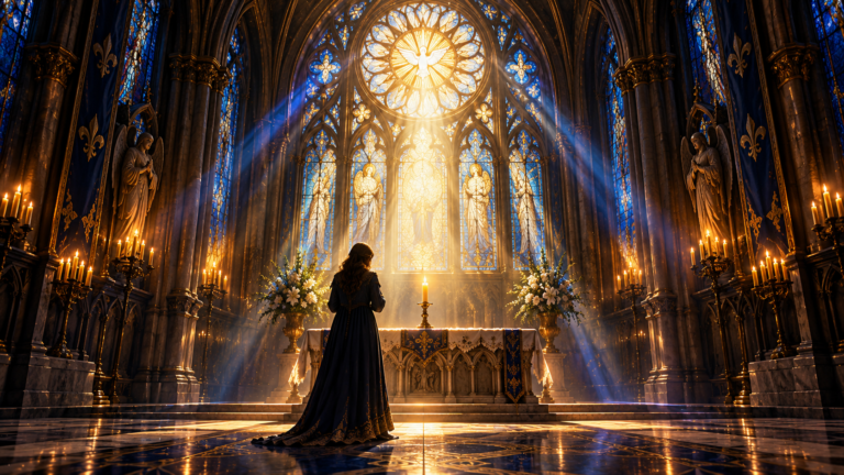 Una vela encendida y una vidriera blanca y dorada que ilumina una capilla en silencio, imagen de «santificado sea tu Nombre»