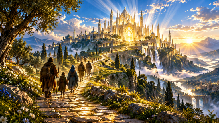 Una ciudad luminosa sobre un monte al amanecer con un camino que sube hacia ella, imagen de «venga tu Reino»