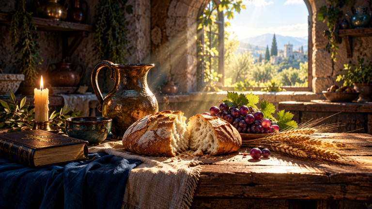 Pan, una jarra de agua y un racimo de uvas sobre una mesa sencilla con un haz de trigo, imagen del pan de cada día