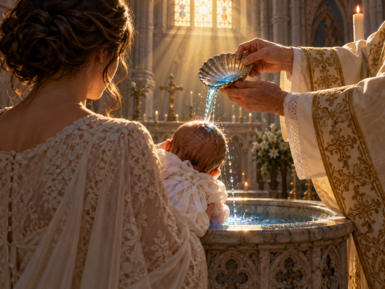 Bautismo: un sacerdote vierte agua sobre la cabeza de un bebé en un baptisterio de piedra
