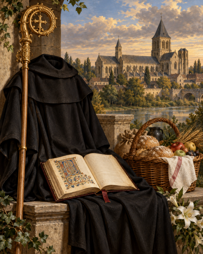 Hábito benedictino, báculo, Regla, pan y abadía: símbolos de la vida monástica y la caridad de san Adalardo de Corbie.