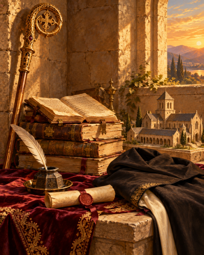 Báculo de abad, libros y pluma: símbolos de san Adrián de Canterbury como monje, maestro y consejero.