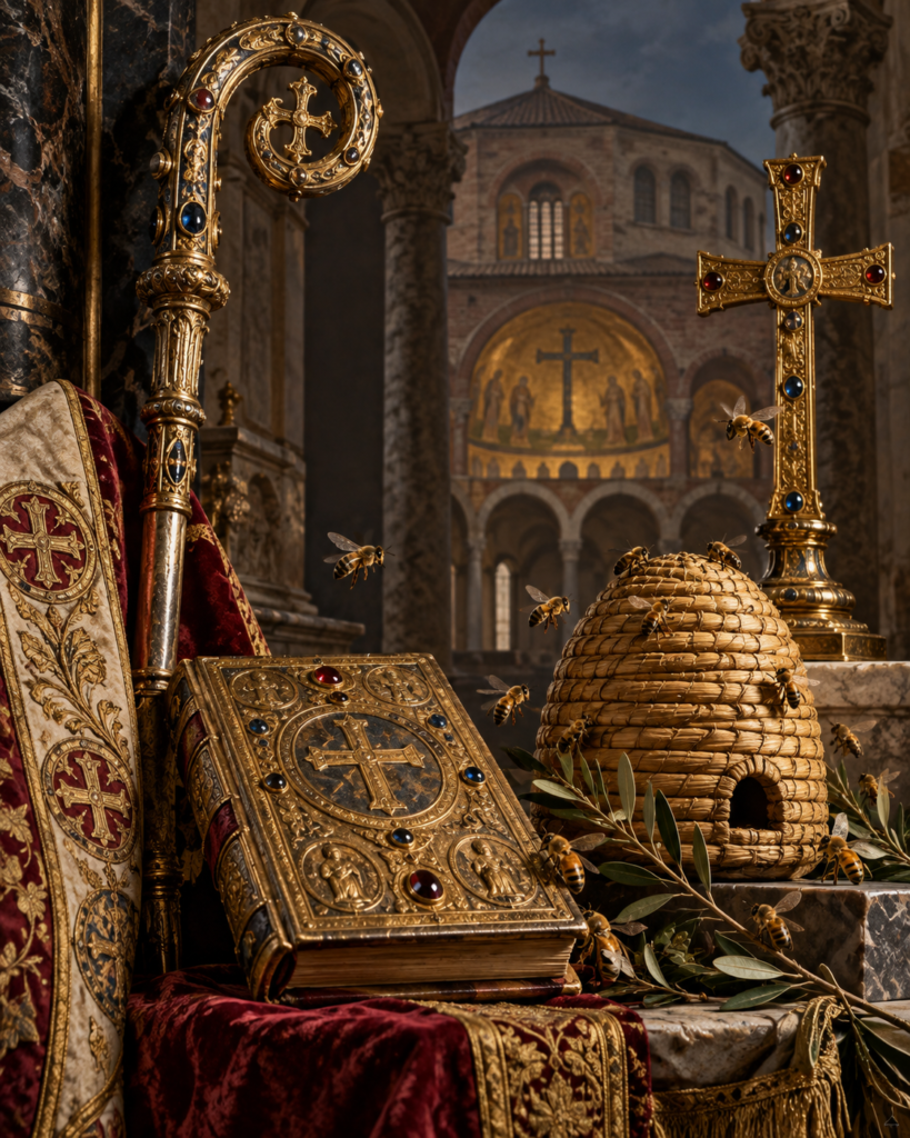 Báculo, libro, colmena, abejas y cruz: símbolos de sabiduría, elocuencia y autoridad pastoral de san Ambrosio de Milán.