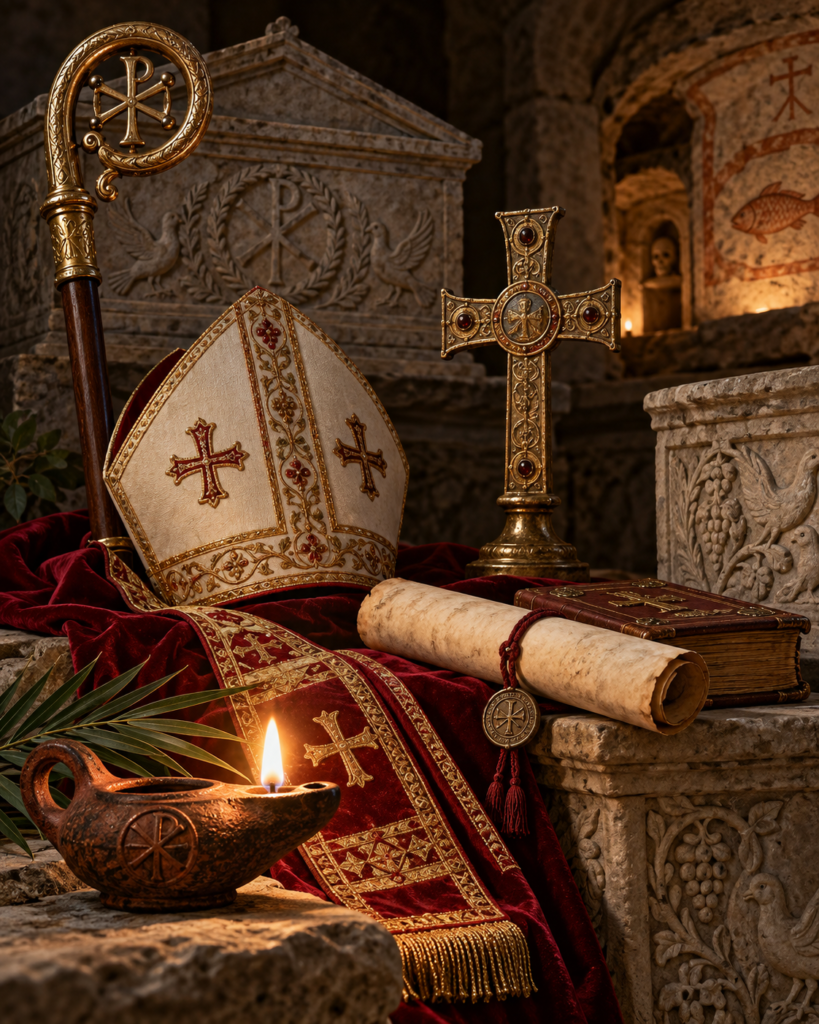 Cruz, libro, vestiduras paleocristianas y catacumbas romanas: símbolos del ministerio de san Antero en la Iglesia antigua.
