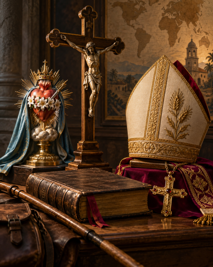 Atributos de San Antonio María Claret: crucifijo, libro, mitra e Inmaculado Corazón de María.