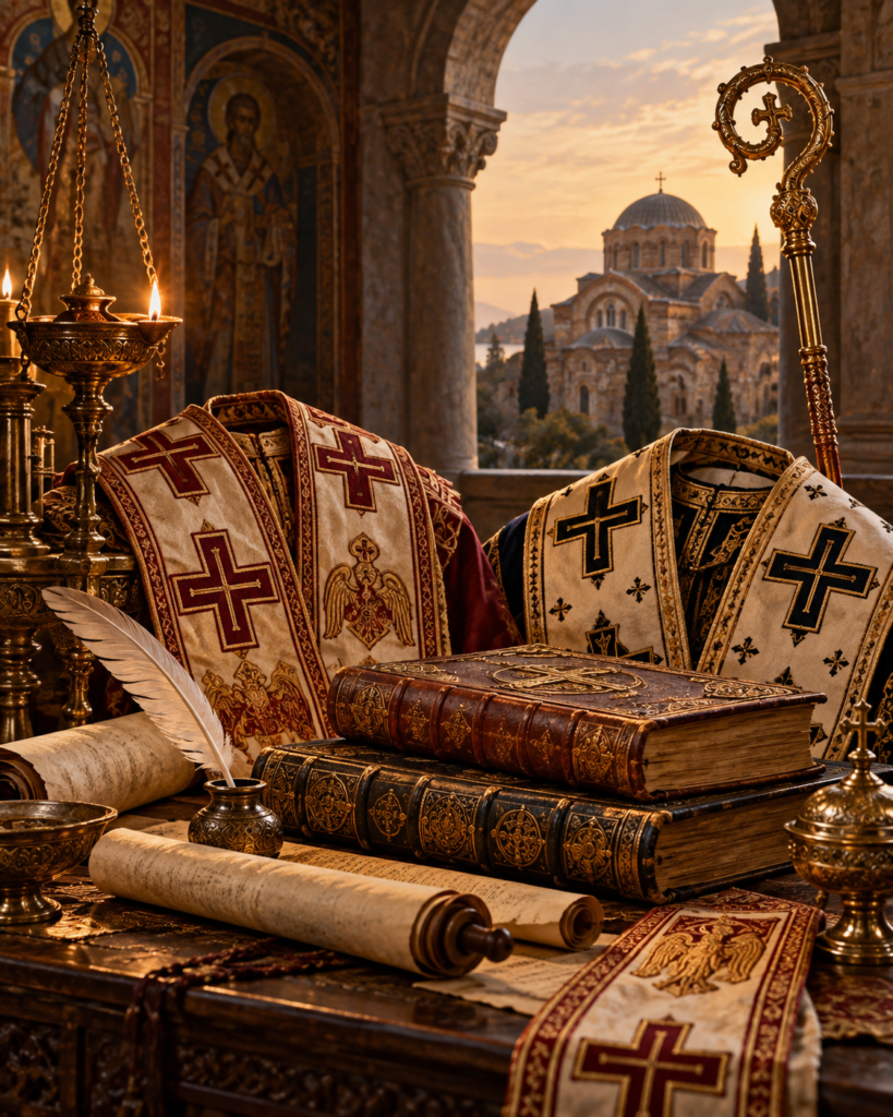 Libros, rollos, pluma y vestiduras episcopales: símbolos de la doctrina, la amistad y el ministerio episcopal de san Basilio Magno y san Gregorio Nacianceno.